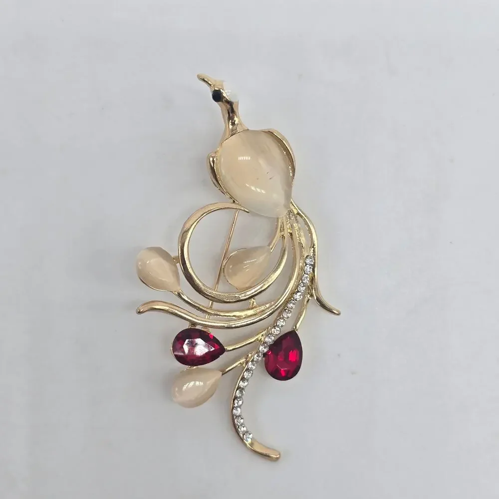 Vintage Rhinestone Red Crystals White Cat Eye Stone Feathers Peacock Brooch Pin